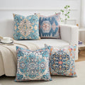 Set of 4 Vintage Blue Floral Throw Pillow Covers 18x18 Inch, Boho Medallion Decorative Pillow Cases Soft Cushion Covers for Couch Bed Living Room Spring Summer Decor