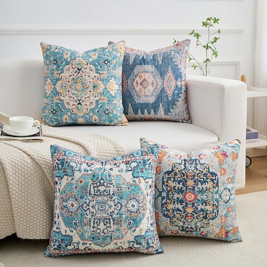 Set of 4 Vintage Blue Floral Throw Pillow Covers 18x18 Inch, Boho Medallion Decorative Pillow Cases Soft Cushion Covers for Couch Bed Living Room Spring Summer Decor