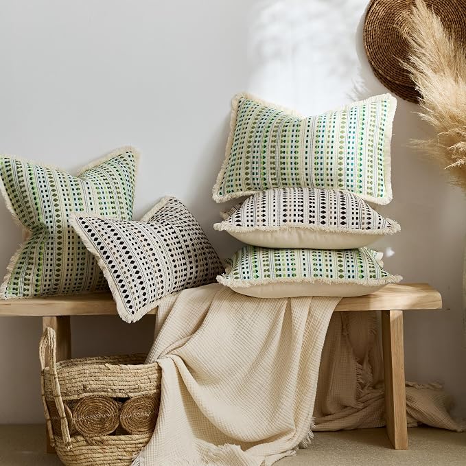 Embroidered Throw Pillow Cover Set of 2, Spring Summer Boho Farmhouse Decorative Pillow Case with Tassels, Textured Cushion Cases for Sofa Living Room Home Decor (Dark Brown, 12" x 20")