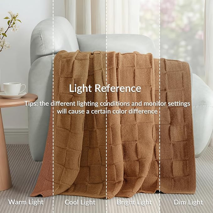 Whale Flotilla Checkered Knit Throw Blanket for Couch, Brown | Soft Decorative Knitted Blankets for Couch Sofa Bed, Lightweight Cozy Throws for Spring Summer, 60x80 Inch