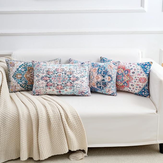 Lumbar Throw Pillow Covers 12x20 Inch Set of 4 Washable BOHO Vintage Style Decorative Throw Pillow Cases Soft Velvet Farmhouse Decor Retro Cushion Covers for Couch Sofa Bed Living Room Outdoor