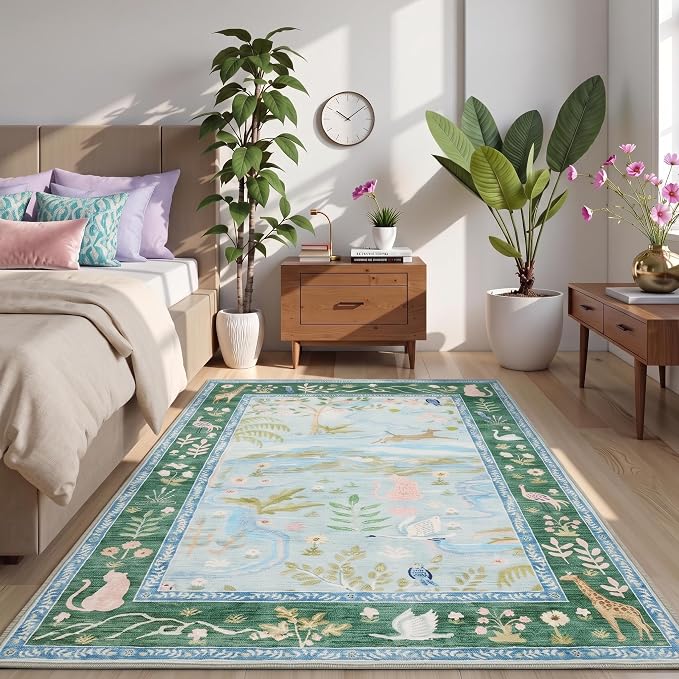 Jungle Animal Print 3x5 Washable Rug for Girls Bedroom Non Slip Blue Bohemian Whimsical Small Throw Carpet Low Pile Forest Fairy Tale Area Rugs for Living Room Nursery Bedroon, Teal/Blue