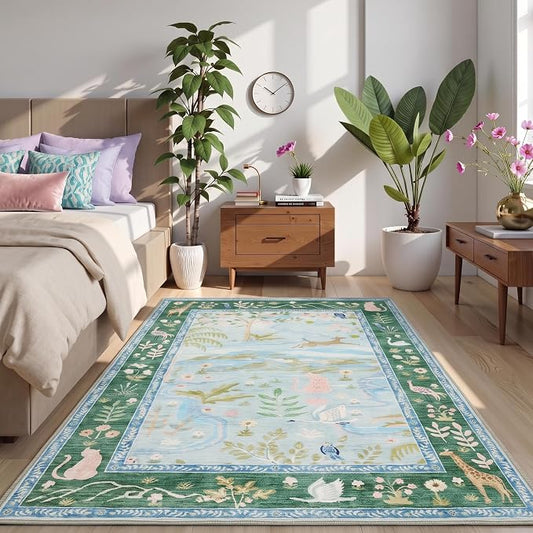 Jungle Animal Print 3x5 Washable Rug for Girls Bedroom Non Slip Blue Bohemian Whimsical Small Throw Carpet Low Pile Forest Fairy Tale Area Rugs for Living Room Nursery Bedroon, Teal/Blue