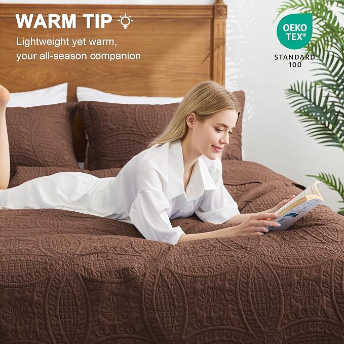 Love's cabin California King Size Quilt Bedding Set Brown Bedspreads - Cal King Lightweight Bedspread Comforter - Coin Pattern Coverlet for All Season - 3 Pieces (1 Quilt, 2 Pillow Shams)