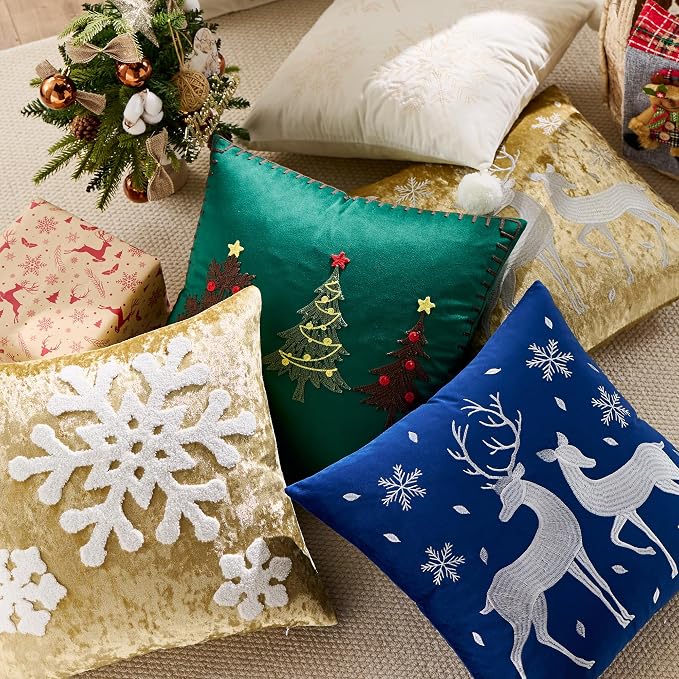 KINDREX Christmas Deer Snowflake Throw Pillow Covers 18x18 Set of 2 Winter Holiday Decorative Navy Blue Embroidered Luxurious Soft Velvet Accent Pillowcase for Sofa Couch Bed Living Room Home Decor