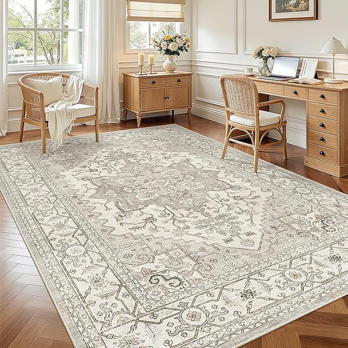 Madane 6x9 Area Rugs for Living Room, Vintage Washable Rug, Beige/Brown | Stain Resistant Floor Carpet With Non-Slip Backing For Bedroom, Dining Bedroom And Office, Soft Low-Pile Home Decor Mat