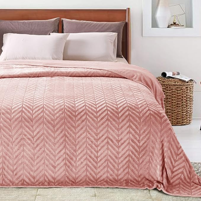 Whale Flotilla Flannel Fleece Bed Blanket King Size, Pink | Lightweight Breathable Soft Bedspread, Plush Fluffy Coverlet Chevron Design Decorative Blanket for All Season, 90x104 Inch