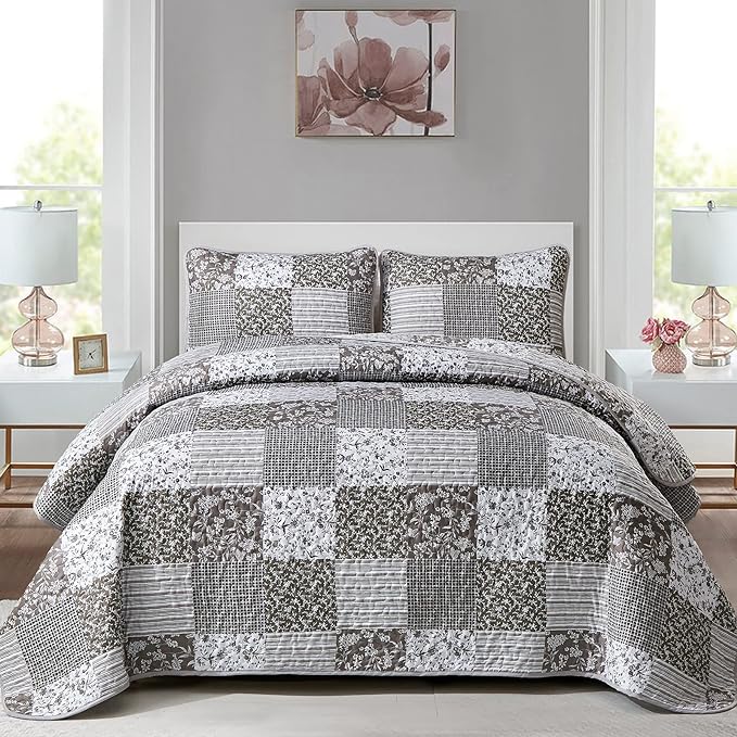 Mybedsoul Grey Boho Quilt King Size, Patchwork Floral Bedding Set | Soft Lightweight Microfiber Coverlet Set, 3 Pieces Plaid Reversible Bedspread, Bed Sets for All Seasons 90"x110"