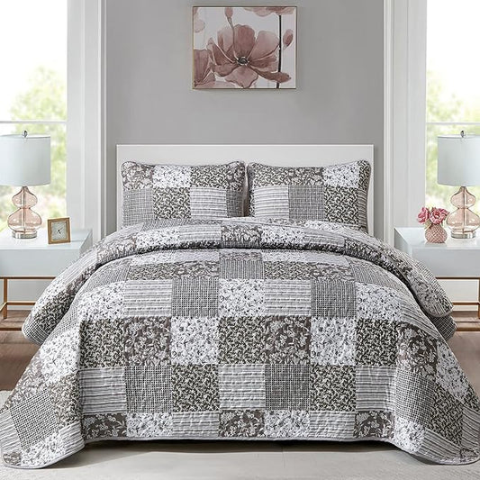 Mybedsoul Boho Quilts Queen Size, Floral Patchwork Bedding Set, Grey | Soft Lightweight Microfiber Coverlet Set, 3 Pieces Plaid Reversible Bedspread, Bed Sets for All Seasons 90"x96"