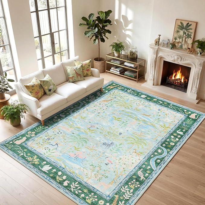 Jungle Animal Print 3x5 Washable Rug for Girls Bedroom Non Slip Blue Bohemian Whimsical Small Throw Carpet Low Pile Forest Fairy Tale Area Rugs for Living Room Nursery Bedroon, Teal/Blue