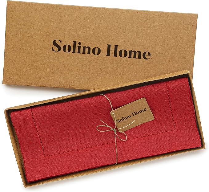 Solino Home 100% Pure Linen Table Runner Red, Classic Hemstitch 14 x 60 in | Table Runners for end tables, coffee tables, small dining tables and dressers, soft plain weave, OEKO-TEX Certified, low iron