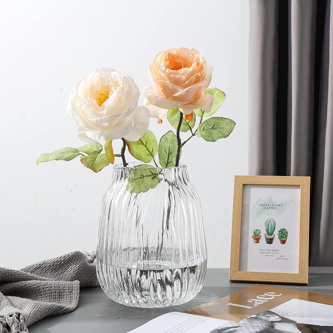 Clear Tall Vase,Large Clear Vases for Flowers,H-8.0" Simple Striped Design for Home Floor Decor,Farmhouse Decor, Centerpiece Coffee Table Decorations