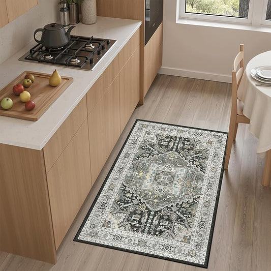 Madane Washable Area Rug 2x3 Small Entryway Rugs, Grey Green/Black Olive | Vintage Stain-Resistant Door Mat Indoor Entrance, Non-Slip Floor Carpet for Inside Front Bedroom Kitchen Entry Laundry, Stair