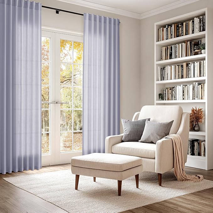 Lavender Purple Linen Curtains 90 Inches Long for Living Room Boho Decor Light Filtering Semi Sheer Curtain Back Tab and Rod Pocket Modern Luxury Drapes for Bedroom Office 52x90, 2 Panels