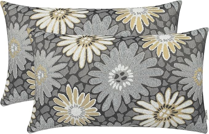 12x20 Floral Jacquard Lumbar Pillow Covers, 2-Pack, Grey