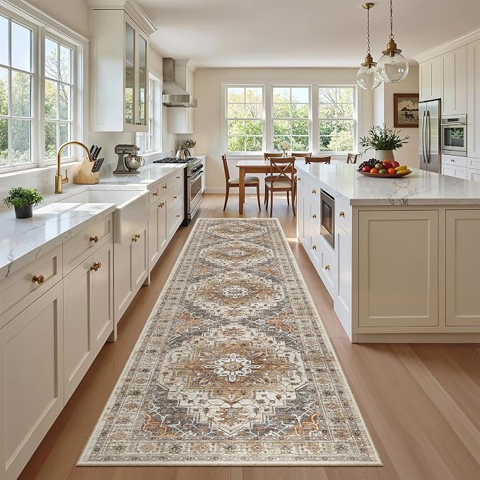 Madane Hallway Runner Rug 2'6''x12' Kitchen Runners Vintage, Turmeric/Grey | Non-Slip Washable Rugs 12ft for Laundry Room, Entryway and Bedroom, Soft Low Pile Stain-Resistant Wide 2.5x12 Ft Floor Carpet