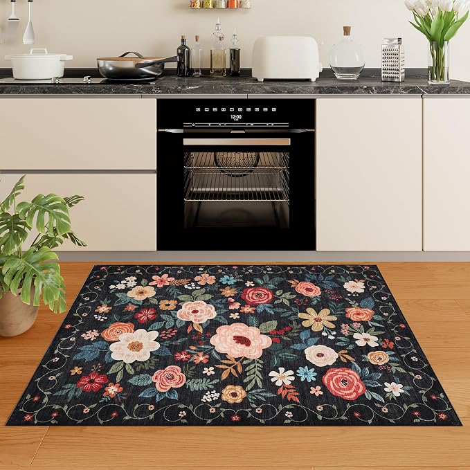 DUKINO 3x4 Area Rug, Floral Washable Rug for Kitchen Non Slip, Black | Low Pile, Soft, Stain Resistant Indoor Rug for Entryway, Bedroom, Bathroom, Laundry, Pet Friendly, Home Decor, Lightweight