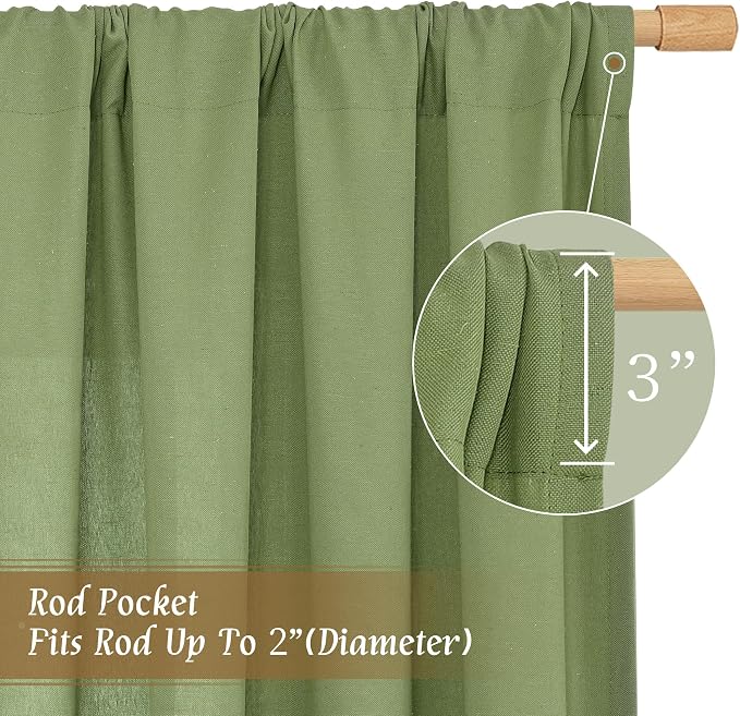 72 inch Length Green Semi Sheer Linen Curtains for Living Room | Light Filtering, Linen Textured, Boho, Spring Room Decor, Drapes for Farmhouse, Bedroom, Rod Pocket, 2 Panels, 52 x 72 Inch
