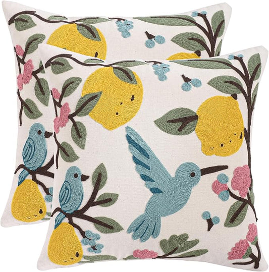 Lemon Embroidered Throw Pillow Covers 18x18 Pack of 2 Blue Birds with Green Leaves Pillow Covers Floral Pillowcases Boho Pillow Cushion Cases Flower Pillow Case Summer Decor