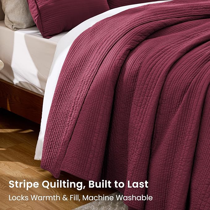 Love's cabin King Size Cotton Quilt Set, 100% Cotton Fabric Striped Textured Coverlet with Crinkled Look, Lightweight Quilted Bedspread for All Season, Includes 2 Pillow Shams, Burgundy