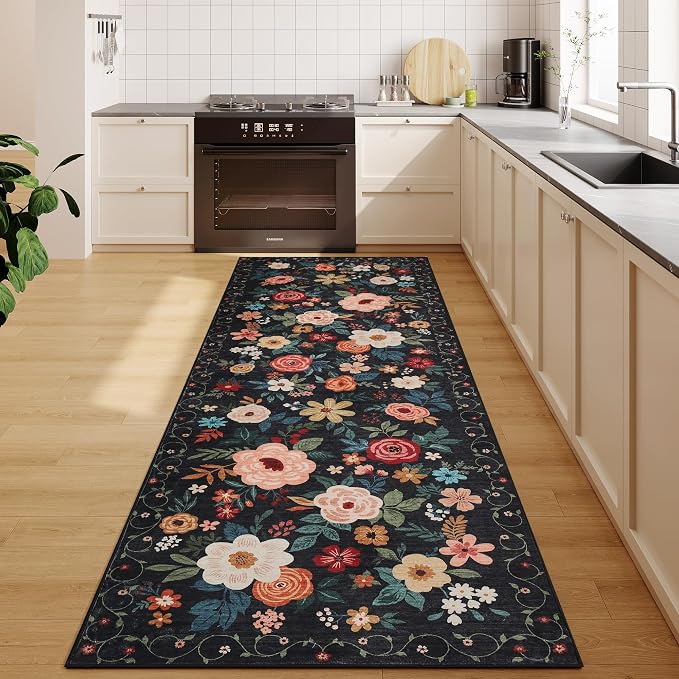 DUKINO 2.6x8 Runner Rug, Washable Runner Rug for Hallway Non Slip, Black | Low Pile, Soft, Floral Indoor Rug for Kitchen, Entryway, Bedroom, Bathroom, Pet Friendly, Stain Resistant, Modern Home Decor