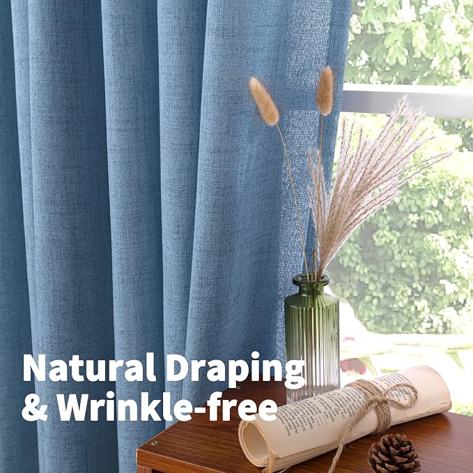 YoungsTex Denim Blue Linen Semi Sheer Curtains 80 Inch Length for Living Room, Light Filtering Window Drapes with Bronze Grommet Privacy for Dining Bedroom, 52 x 80 Inch, 2 Panels