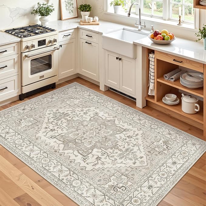 Madane Area Rug 4x6 Washable Rugs Vintage for Living Room, Beige/Brown | Ultra-Thin Stain Resistant Vintage Large 4'X6' Carpet, Soft Low Pile Floor Mat For Bedroom Dining Room Office Home Decor