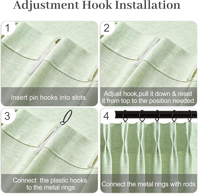 Pinch Pleated 84 Inch Linen Curtains for Living Room, Light Filtering, W40 | Semi Sheer, Bedroom, Pinch Pleat, Linen Blend, Hook Rings, Non See Through, Memory Shape, Privacy, Sage Green, 2 Panels