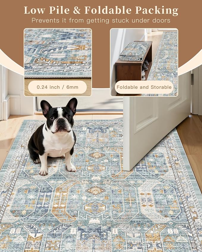 Madane Washable Runner Rug 2x6 Runners for Hallways Non Slip, Blue/Gold | Vintage Stain-Resistant 6 Feet Kitchen Rug, Soft Low-Pile Ultra-Thin Floor Carpet Mat for Bathroom Laundry Room Bedroom 2x6ft