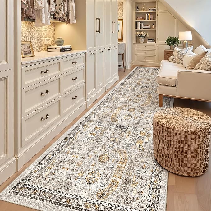 Madane Hallway Runner Rug 3x10 Washable Kitchen Runners 10ft, Brown/Gold | Vintage Non-Slip Entryway Area Rugs Indoor, Low-Pile Farmhouse Wide Floor Carpet for Bathroom Living Room Bedroom