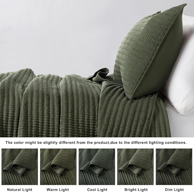 WDCOZY Olive Green California King Size Quilt Set, 3 Pieces 118x106 inches | Oversized Cal King Bedspread, Channel Lightweight Farmhouse Coverlet, Thin Bedding Comforter for All Season, 2 Pillow Shams