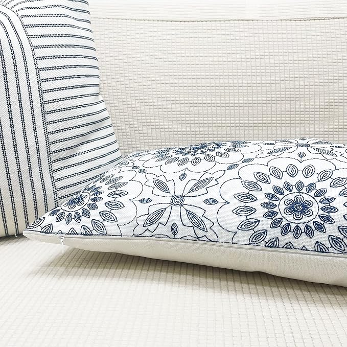 Slow Cow Embroidery Decorative Lumbar Throw Pillow Cover for Couch Sofa Bedroom Geometric Flower Pattern Cushion Cover 12 x 24 Inches Navy Blue