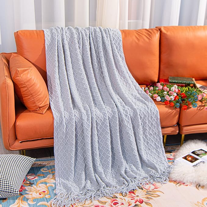 NTBAY Acrylic Knit Throw Blanket, 51 x 67, Light Grey Checkered | Lightweight Acrylic Wave-Knit Throw with 7 Inch Tassels for Sofa, Bed, Reading, Travel, and Decorative Layering