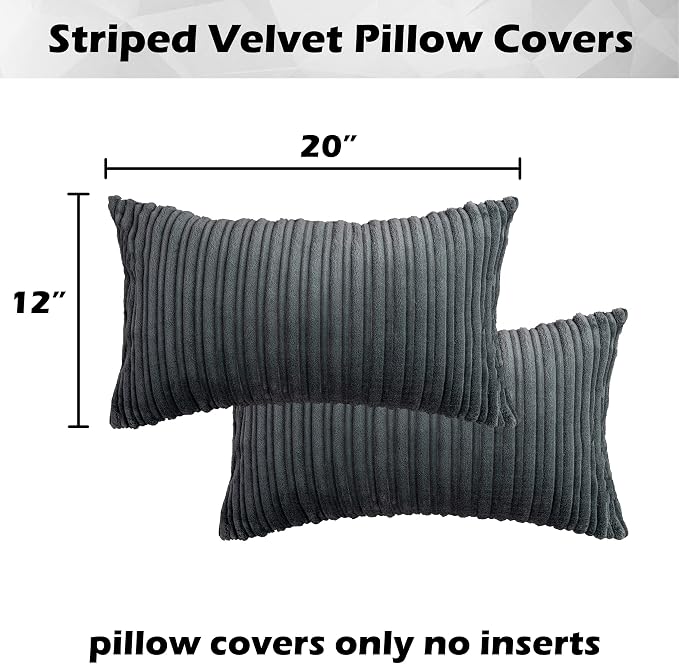 Kevin Textile Striped Corduroy 12”x20” Pillow Covers 2 Pack, Dark Grey