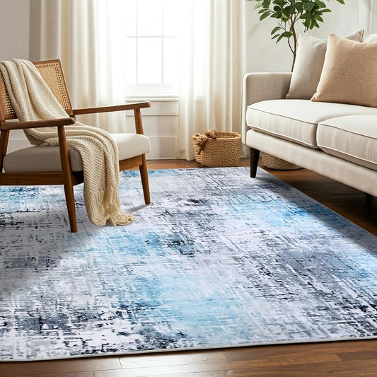 Machine Washable Area Rug, Soft & Durable, Non-Slip, Stain Resistant Rug for Bedroom, Living Room, Dining Room, High Traffic Areas. (Blue, 9' X 12')