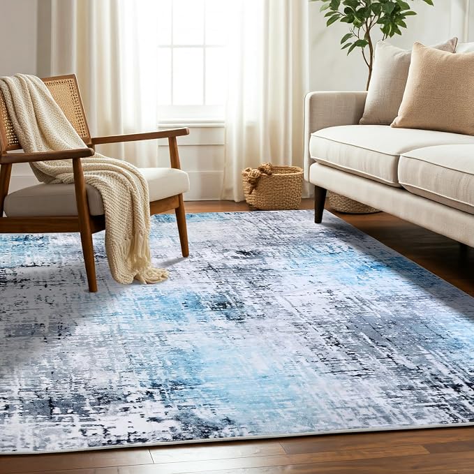 Machine Washable Area Rug, Soft & Durable, Non-Slip, Stain Resistant Rug for Bedroom, Living Room, Dining Room, High Traffic Areas. (Blue, 5' X 7')