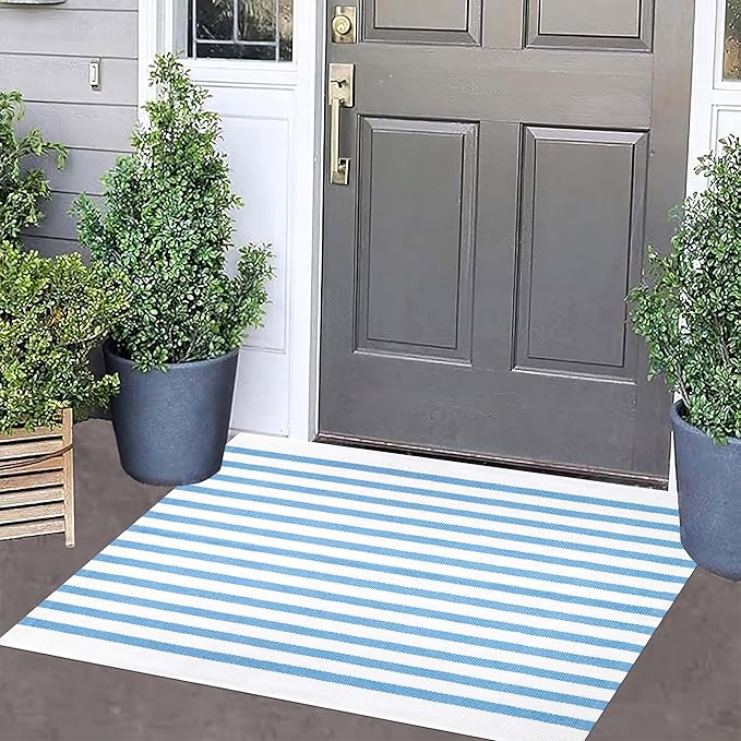 Front Outdoor Door Mat 2'x3',Light Blue Striped Outdoor Rug Machine Washable Cotton Layered Door Mat Entryway Throw Rug for Indoor Entrance