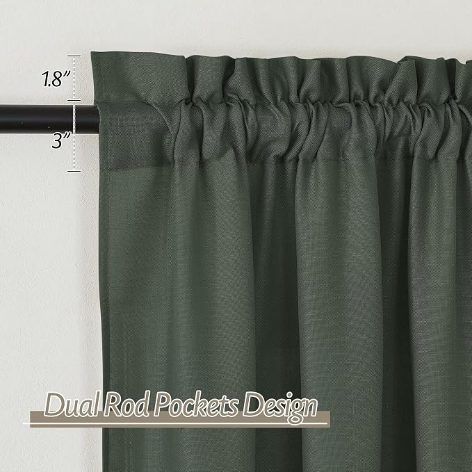 RYB HOME Linen Sheer Curtains 2 Panels for Living Room, Semi Transparent Privacy Drapes with Rod Pocket Farmhouse Style Window Treatments for Bedroom, Hunter Green, 52" W x 95" L