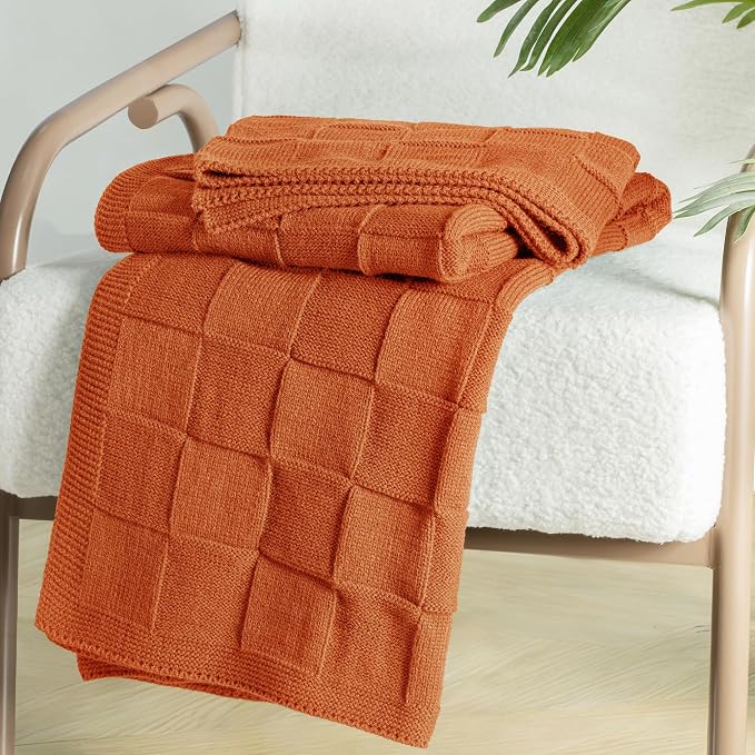 Whale Flotilla Checkered Knit Throw Blanket for Couch, Burnt Orange | Soft Decorative Knitted Blankets for Couch Sofa Bed, Lightweight Cozy Throws for Spring Summer, 60x80 Inch