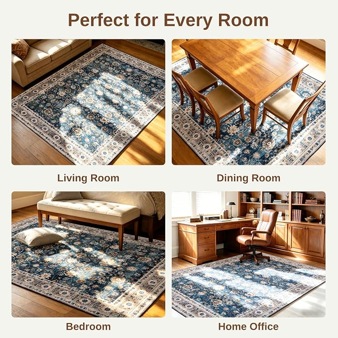 5x7 Washable Rug for Living Room, Non Slip Carpet for Bedroom | Soft faux wool, machine washable & stain resistant. Non-slip rubber backing, low pile. For living room, bedroom, office.Blue.