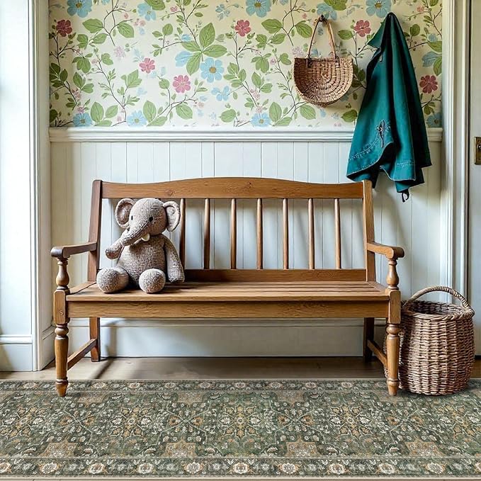 Hallway Washable 2x10 Runner Rug - Kitchen Rugs Non Slip Entryway Rug Runner Vintage Soft Floral Floor Mat Low Pile Indoor Farmhouse Carpet for Bathroom Living Room Bedroom (Green,2x10)