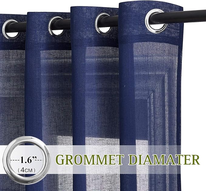 NICETOWN Natural Open Linen Weave Flax Textured Sheer Window Curtains, 63 inches Medium Long Privacy Semi-Transparent Sheer Panels for Farmhouse/Bedroom, 104" Wide Total 2 Panels, Dark Blue