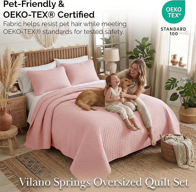 Southshore Fine Living, Inc. Stitched Twin XL Quilt Bedding Set, Dorm Room Bedding, Hotel Quality Microfiber Bedspread, RV Bedding Sets, XL Twin Pink Quilt Bed Spread w/Pillow Sham, Pastel Pink Quilts