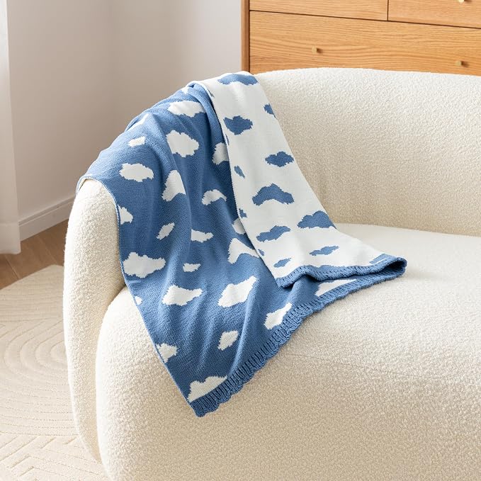 Berkshire Chenille Knit Throw Blanket,Ultra-Plush Reversible Soft Throw,Cozy Couch & Bed Blanket with Cute Pattern,Ideal Gift(30x40 Inches,Bouncy Clouds Harbor Blue)