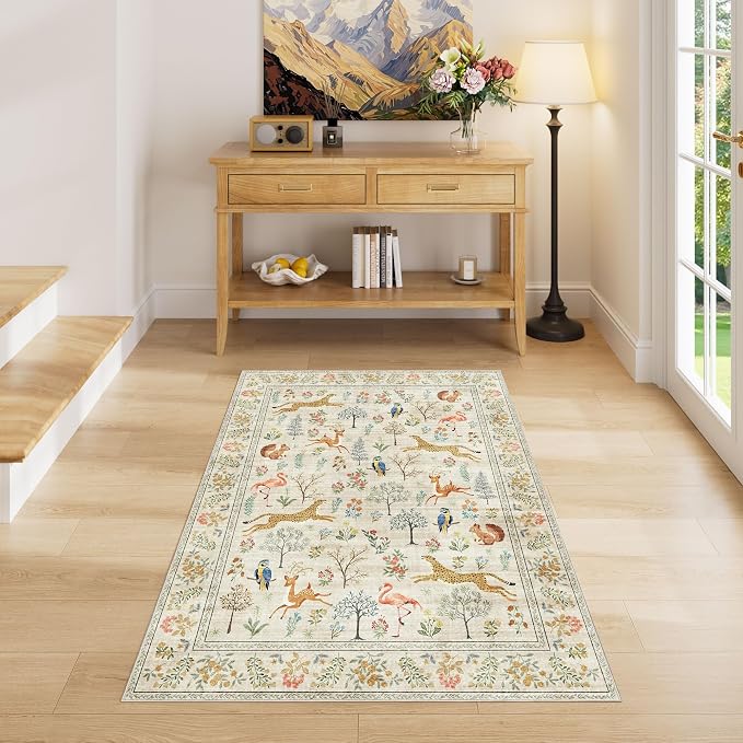 DUKINO 3x4 Rug, Washable Animal Area Rug for Entryway Non Slip, Beige | Soft, Low Pile, Stain Resistant Indoor Carpet Runner for Entryway, Kitchen, Bedroom, Bathroom, Pet Friendly, Home Decor