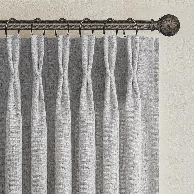 Pinch Pleat Extra Wide 70 Inch Curtains 96 Inches Long 2 Panels Set for Dining Room, Light Grey Memory Shape Natural Linen Light Filtering Windows Drapes Privacy Semi Sheer Country Curtain 8FT Length