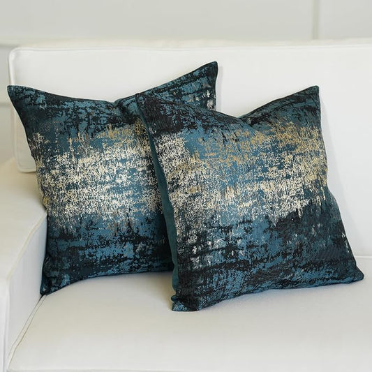 THE-TINOART Pack of 2 Mid-Century Modern Throw Pillow Covers 24x24, Teal and Gold Abstract Jacquard, Retro Textured Accent Pillow Covers for Couch Sofa Bed