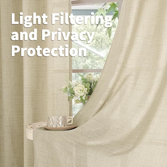 YoungsTex Warm Beige Linen Curtains 63 Inch Length 2 Panels, Light Filtering Drapes with Grommet Semi Sheer Rustic for Bedroom Living Room Windows, 52 X 63 Inch
