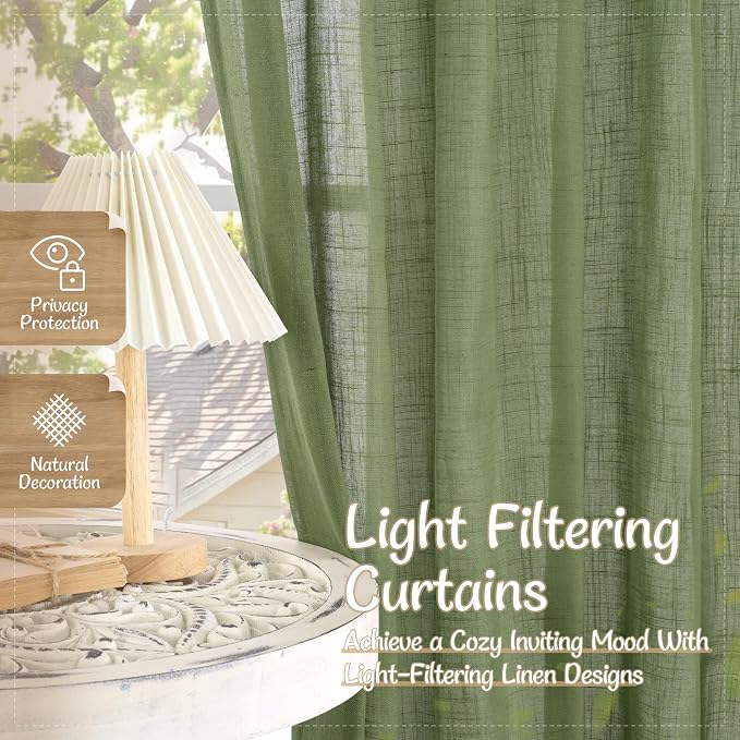 Light Filtering Semi Sheer Linen Curtains 72 Inch Length, Sage Green | Living Room, Curtains for Bedroom, Farmhouse, Spring Decor, Window Drapes, Back Tab Rod Pocket, 2 Panels, 34 x 72 Inch