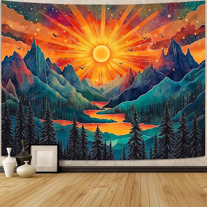 Zussun Vintage Sun Mountain Tapestry Hippie Boho Nature Forest Tree Wall Tapestry for Bedroom Aesthetic Sunset River Landscape Large Tapestries Wall Hanging for Dorm Living Room Decor 80 x 60 Inch